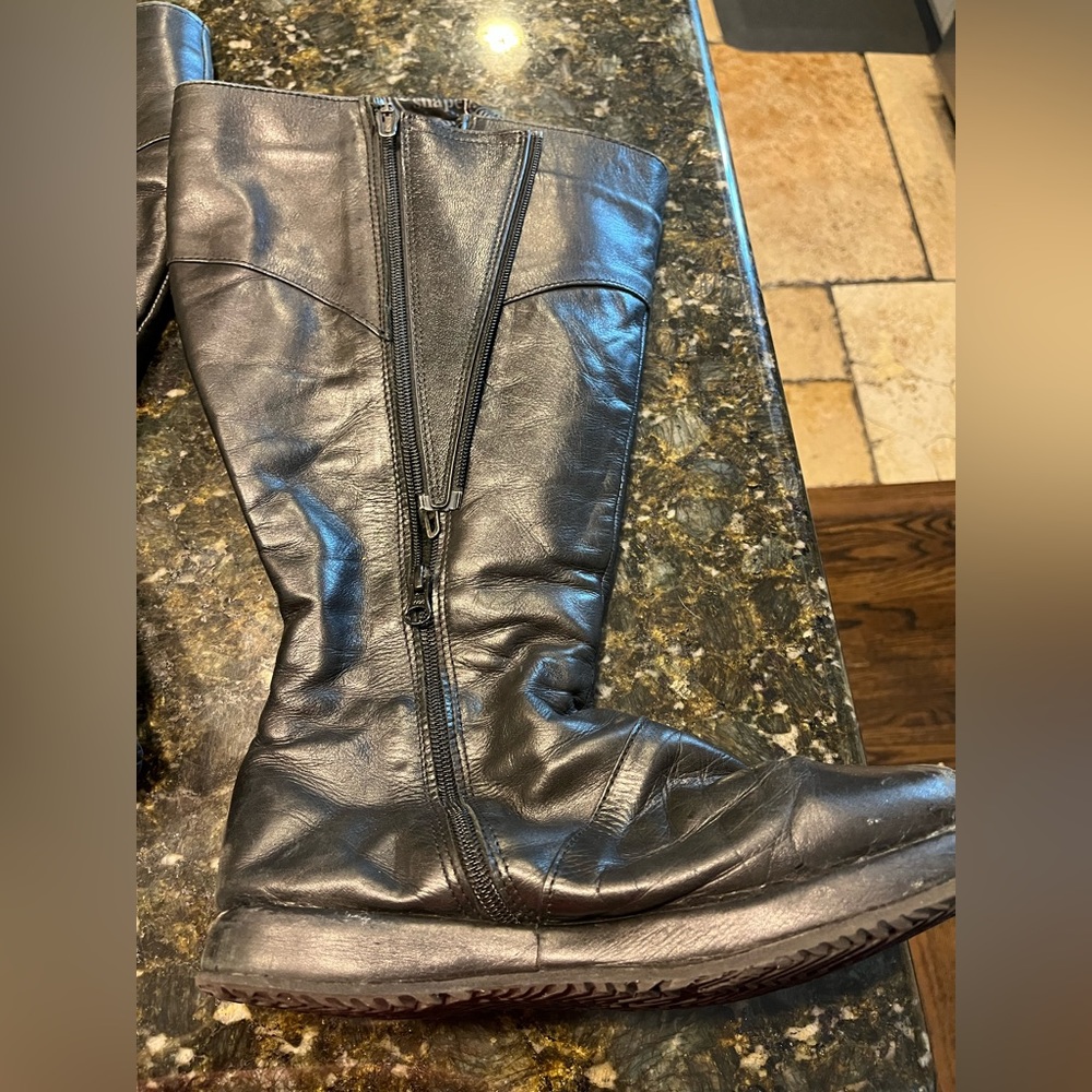 Black leather extra wide calf knee high boots